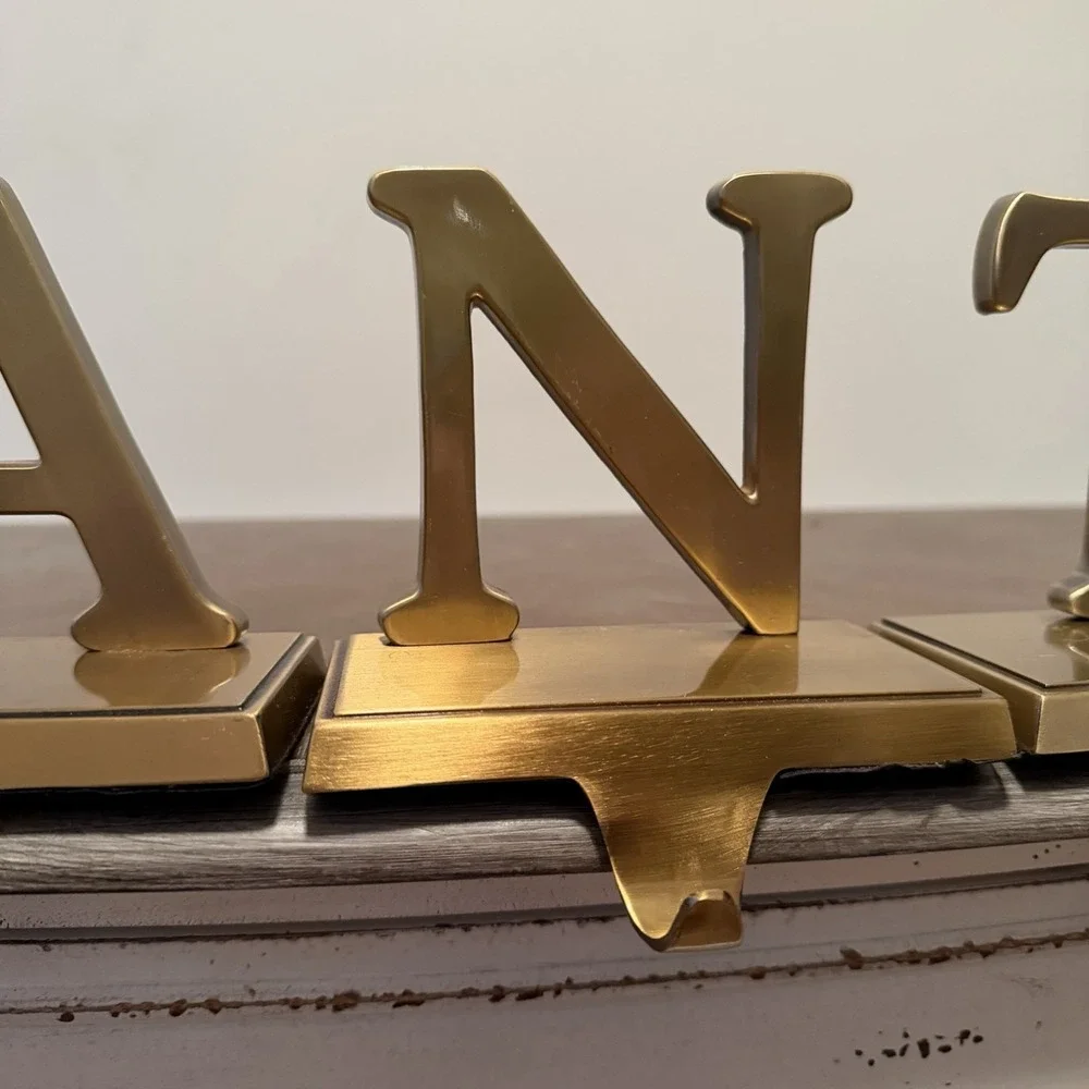 Vintage Gold Brass Letters SANTA Mantel Hook Stocking‎ Holder Hanger 5 pc Set
